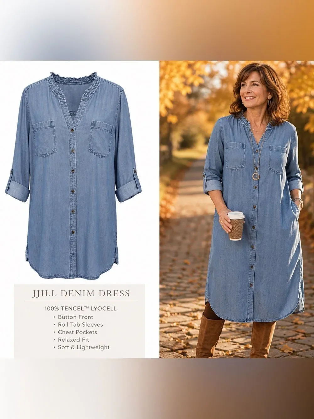 J.Jill Denim Lyocell Button Front Shirt Dress XL Relaxed Chambray Tencel Midi